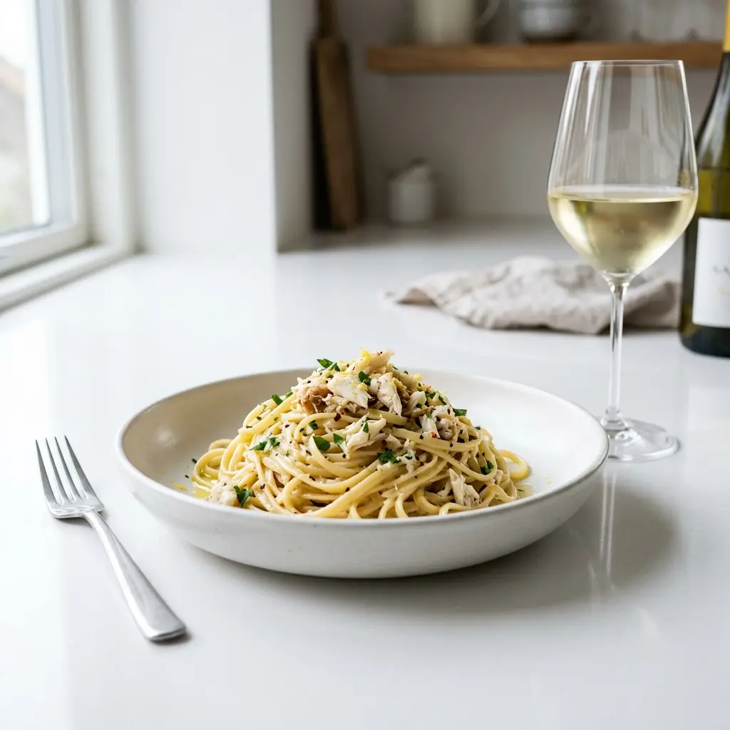 Nylaget pasta med krabbe servert på en appetittlig og hjemmelaget måte
