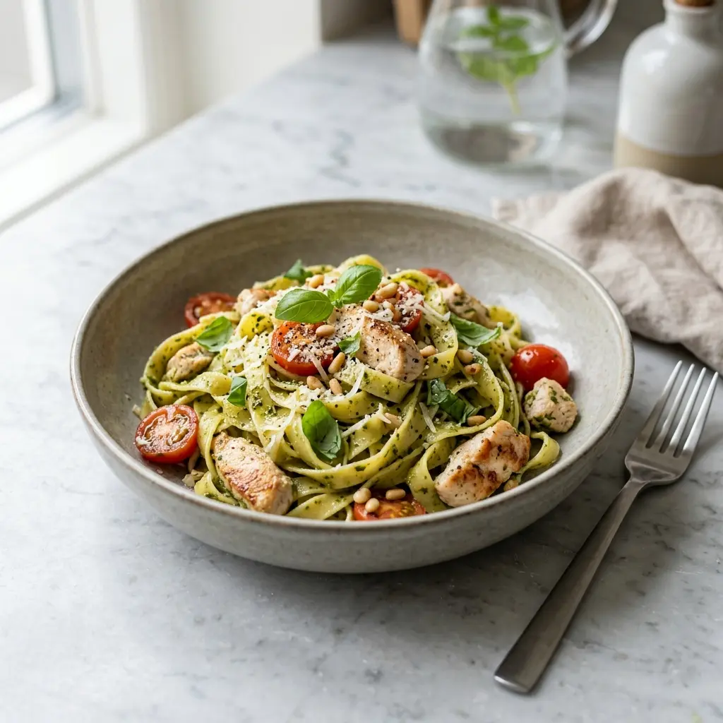 Pasta med kylling og pesto servert ferdig som hjemmelaget rett