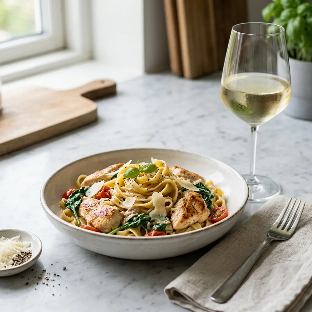 Nylaget pasta med kylling og spinat servert på en appetittlig og hjemmelaget måte