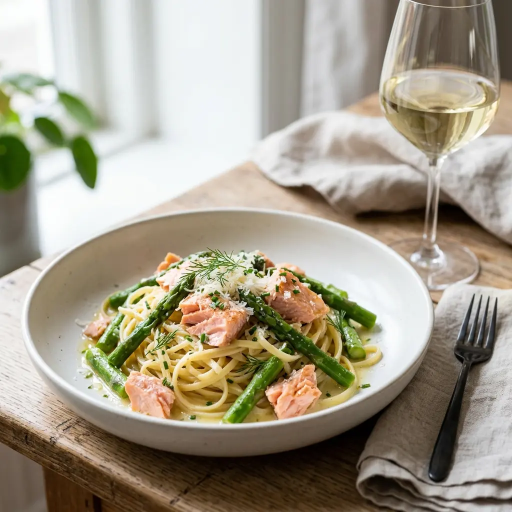 Nylaget pasta med laks og asparges servert på en appetittlig og hjemmelaget måte