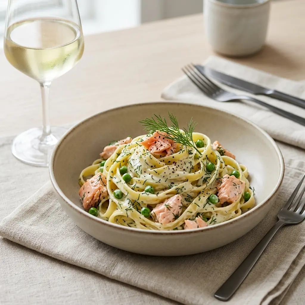 Pasta med laks og fløtesaus servert ferdig som hjemmelaget rett