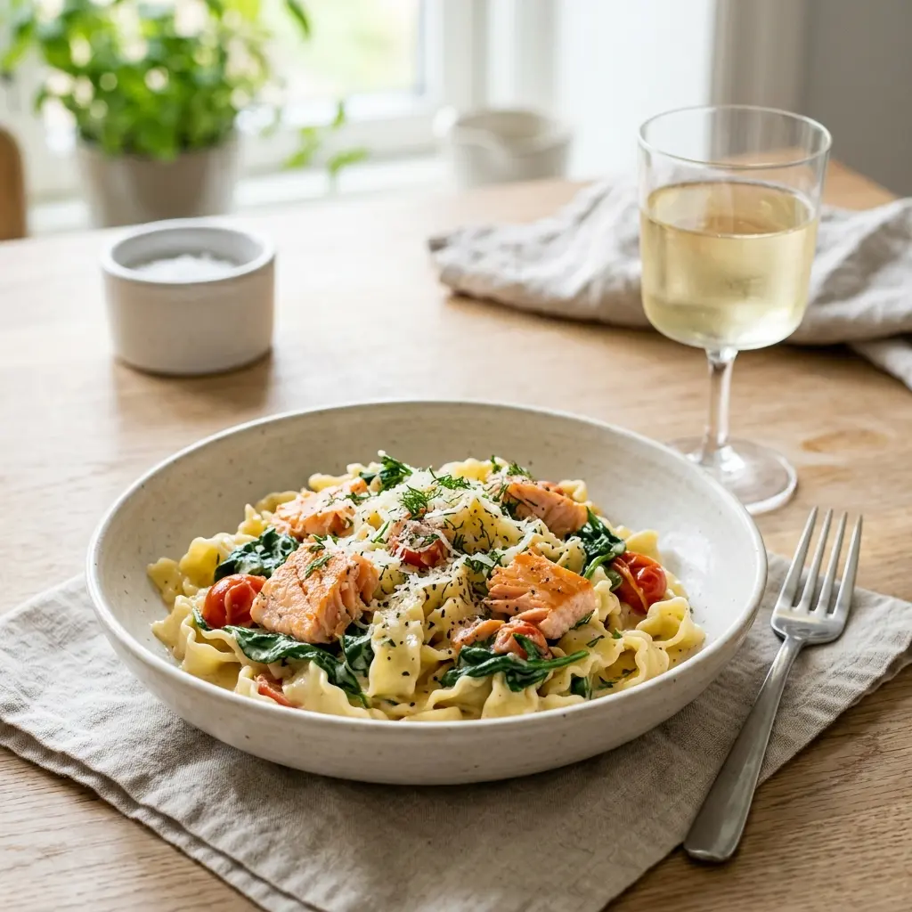 Nylaget pasta med laks og spinat servert på en appetittlig og hjemmelaget måte