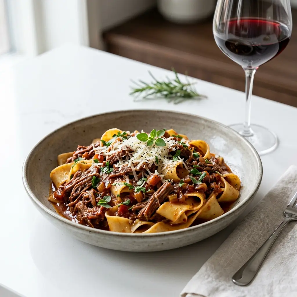 Nylaget pasta med lam servert på en appetittlig og hjemmelaget måte