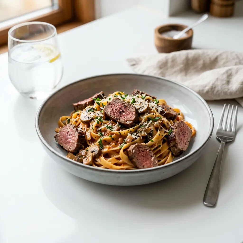 Nylaget pasta med oksemørbrad servert på en appetittlig og hjemmelaget måte