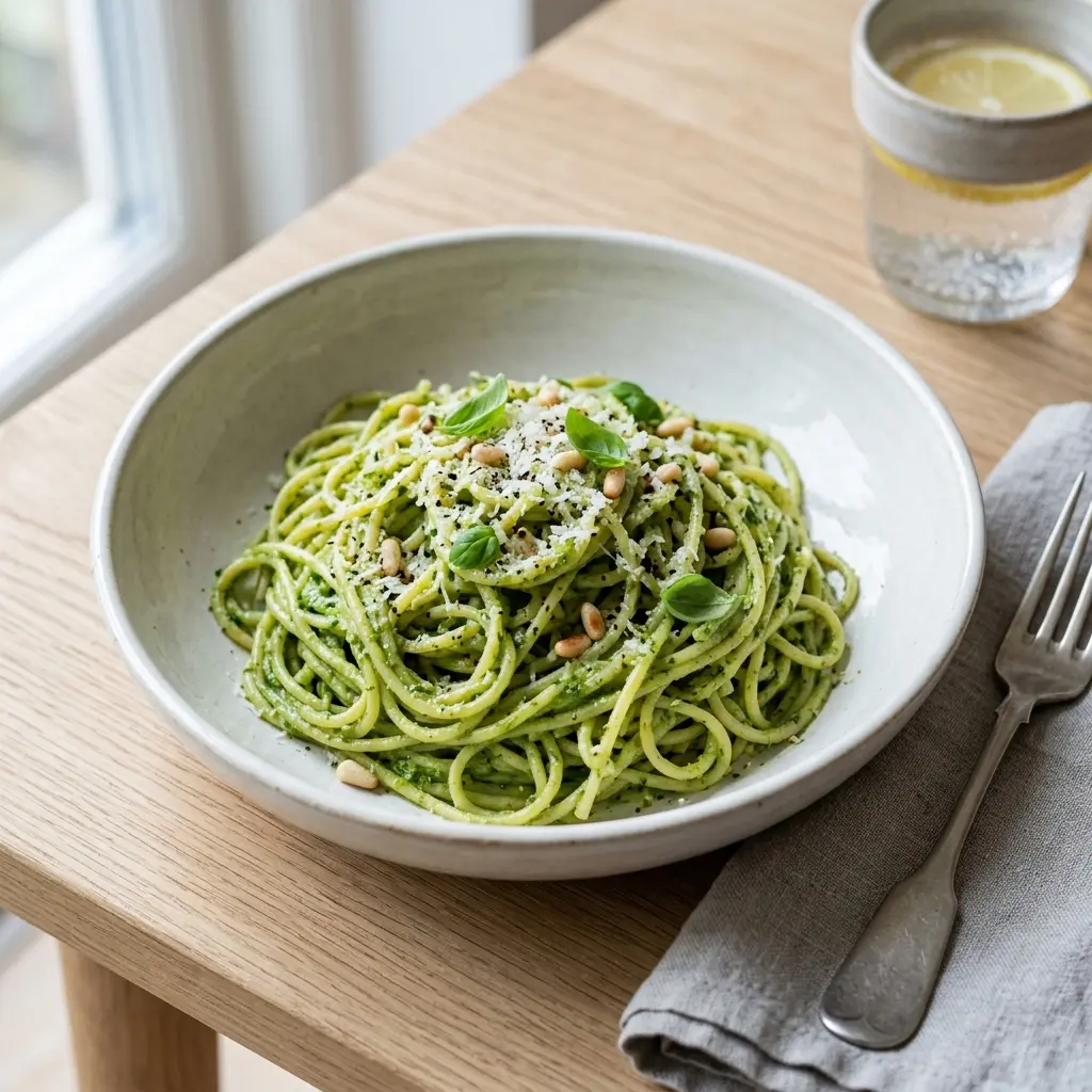 En skål med pasta med pesto klar til servering som smakfullt tilbehør