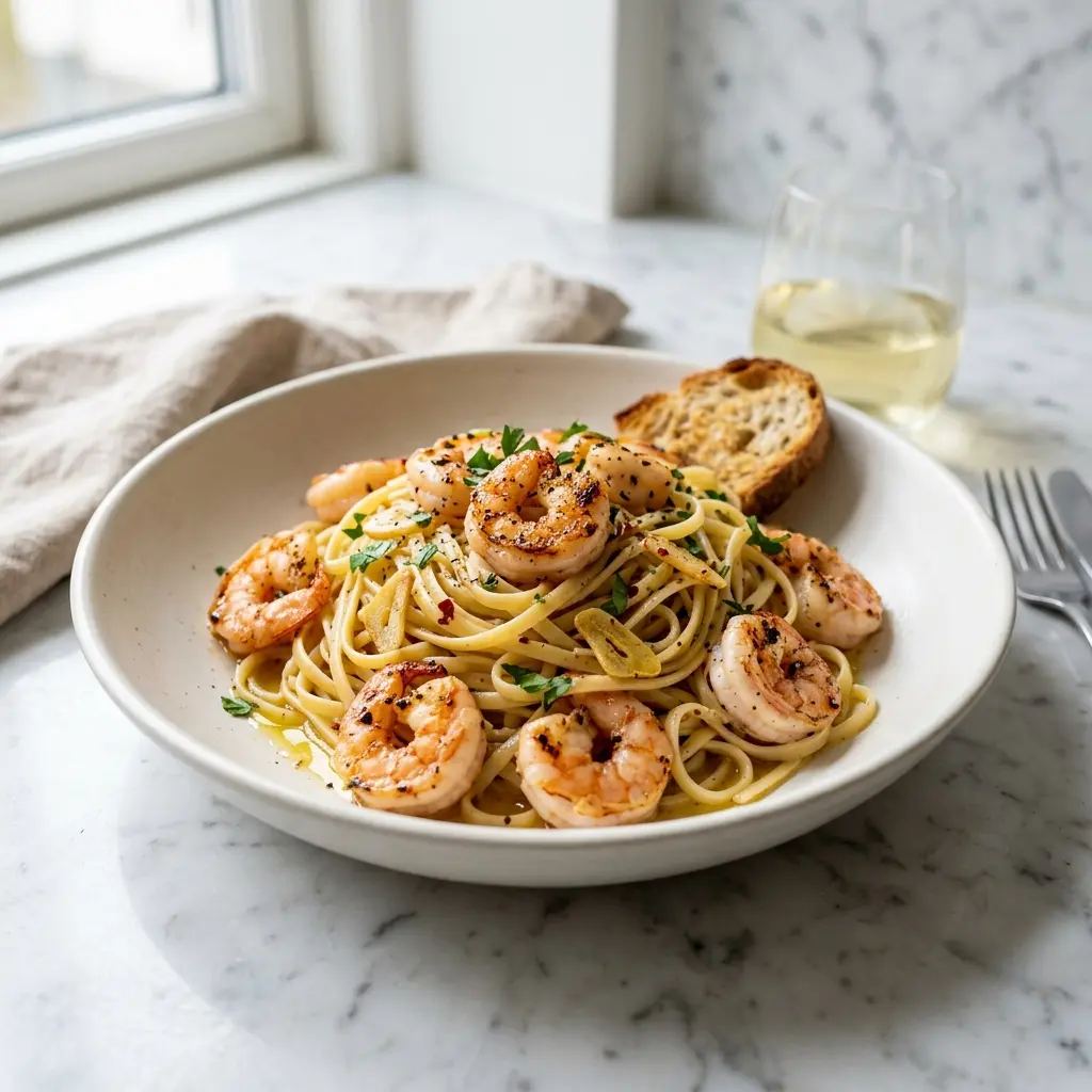 Nylaget pasta med reker og hvitløk servert på en appetittlig og hjemmelaget måte
