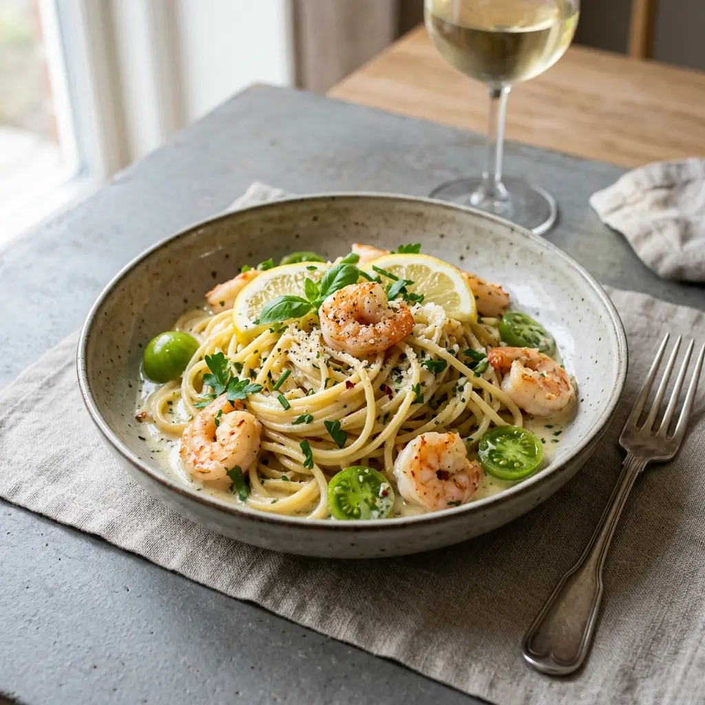 Pasta med reker og hvitvinssaus servert ferdig som hjemmelaget rett