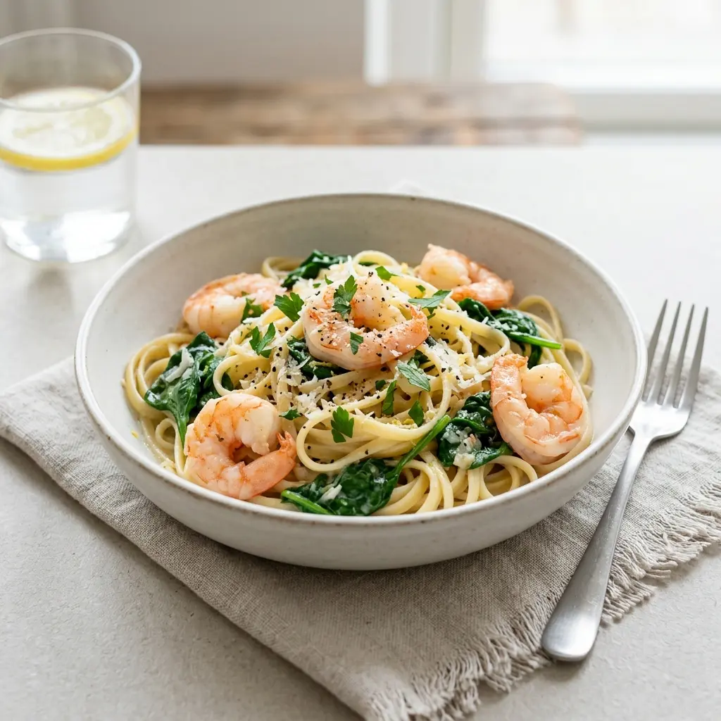 Nylaget pasta med reker og spinat servert på en appetittlig og hjemmelaget måte