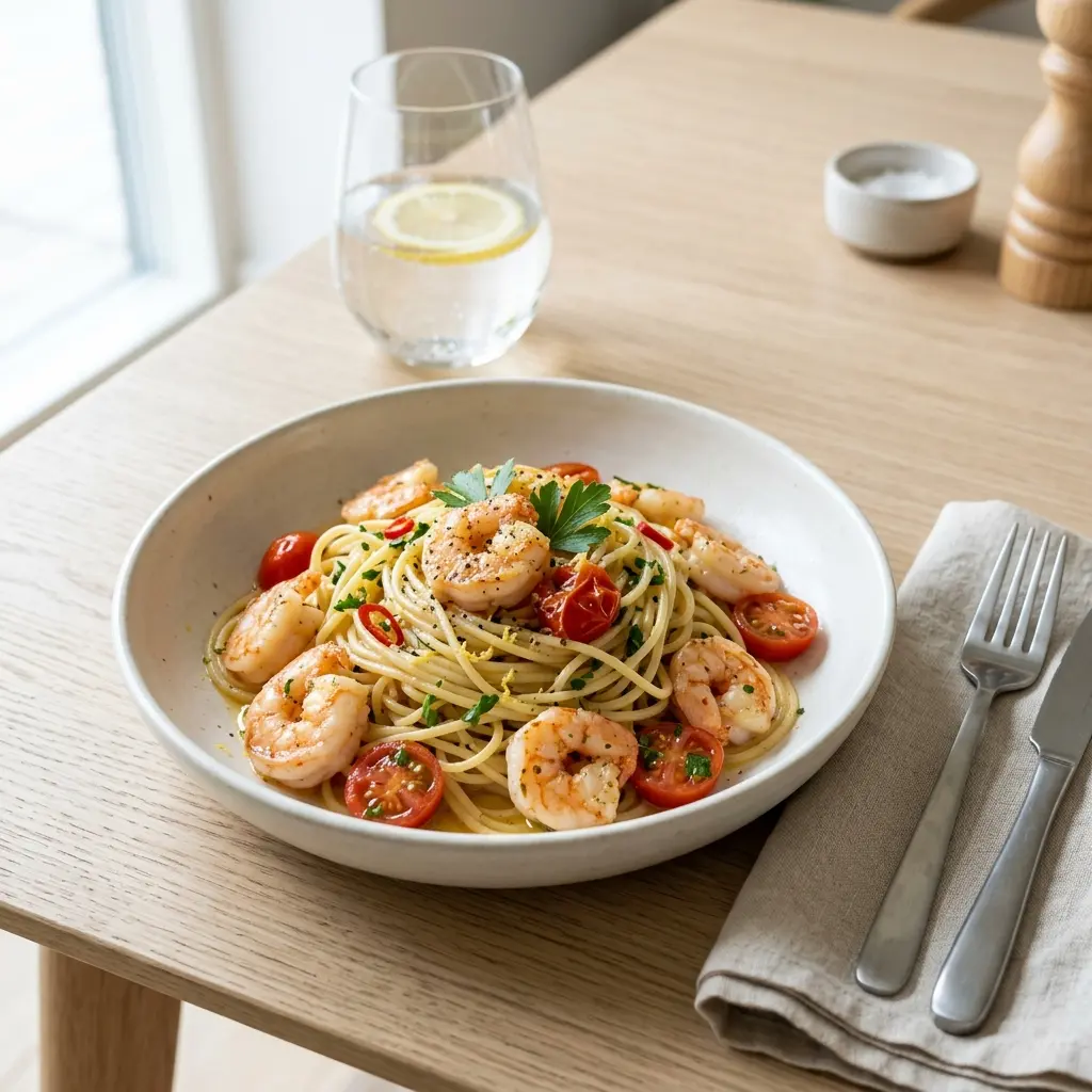 Nylaget pasta med reker servert på en appetittlig og hjemmelaget måte
