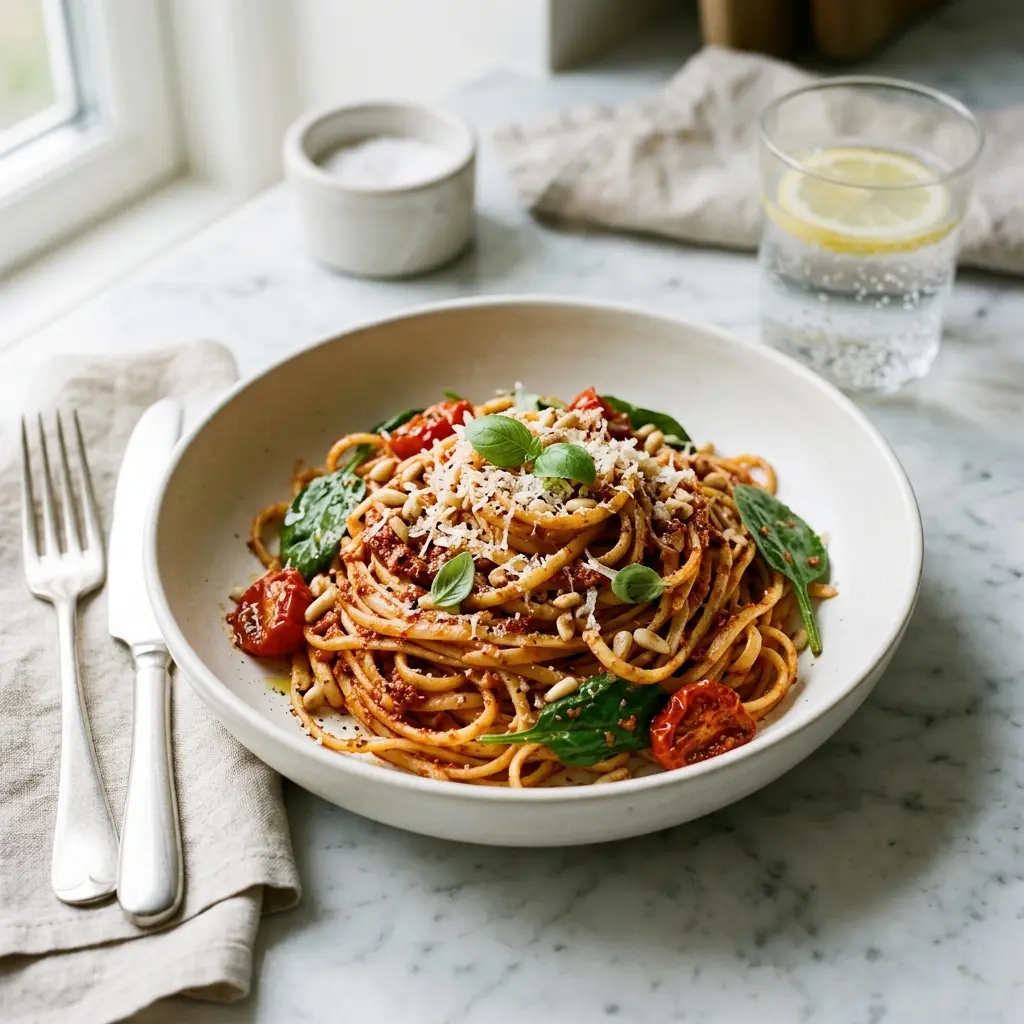 En skål med pasta med rød pesto klar til servering som smakfullt tilbehør