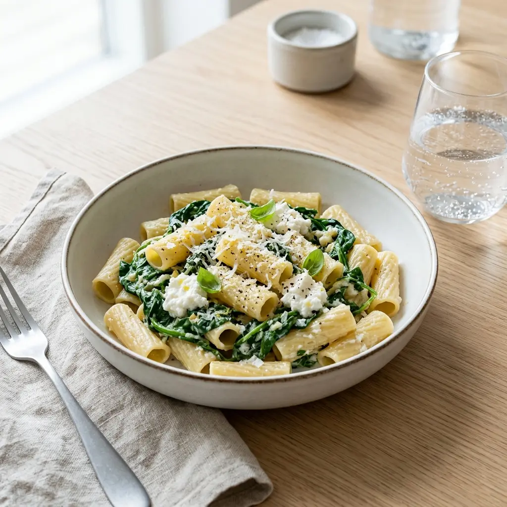 Nylaget pasta med spinat og ricotta servert på en appetittlig og hjemmelaget måte