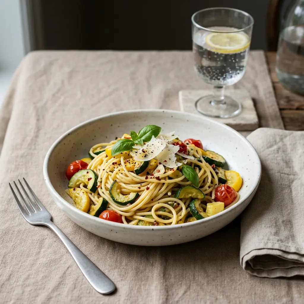 Nylaget pasta med squash servert på en appetittlig og hjemmelaget måte
