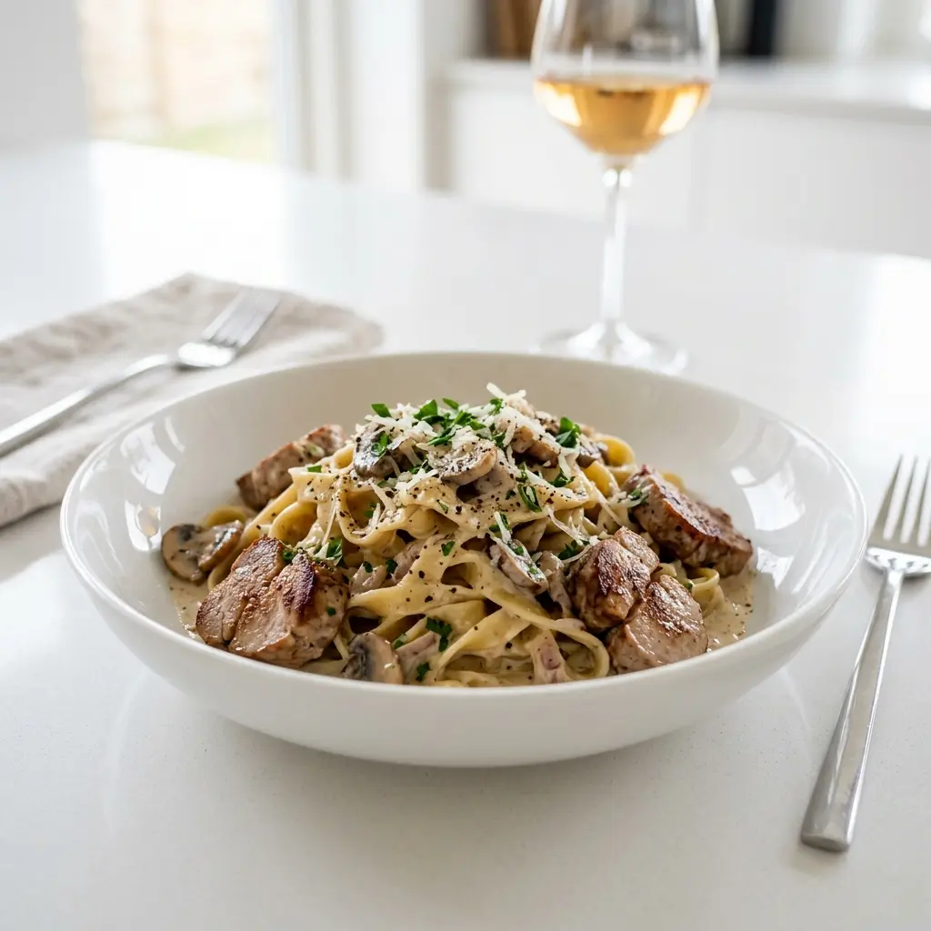 Nylaget pasta med svinefilet servert på en appetittlig og hjemmelaget måte