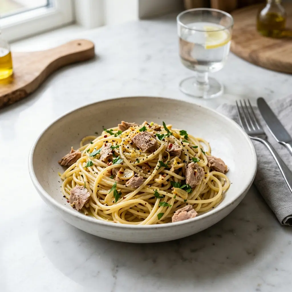Pasta med tunfisk og hvitløk servert ferdig som hjemmelaget rett
