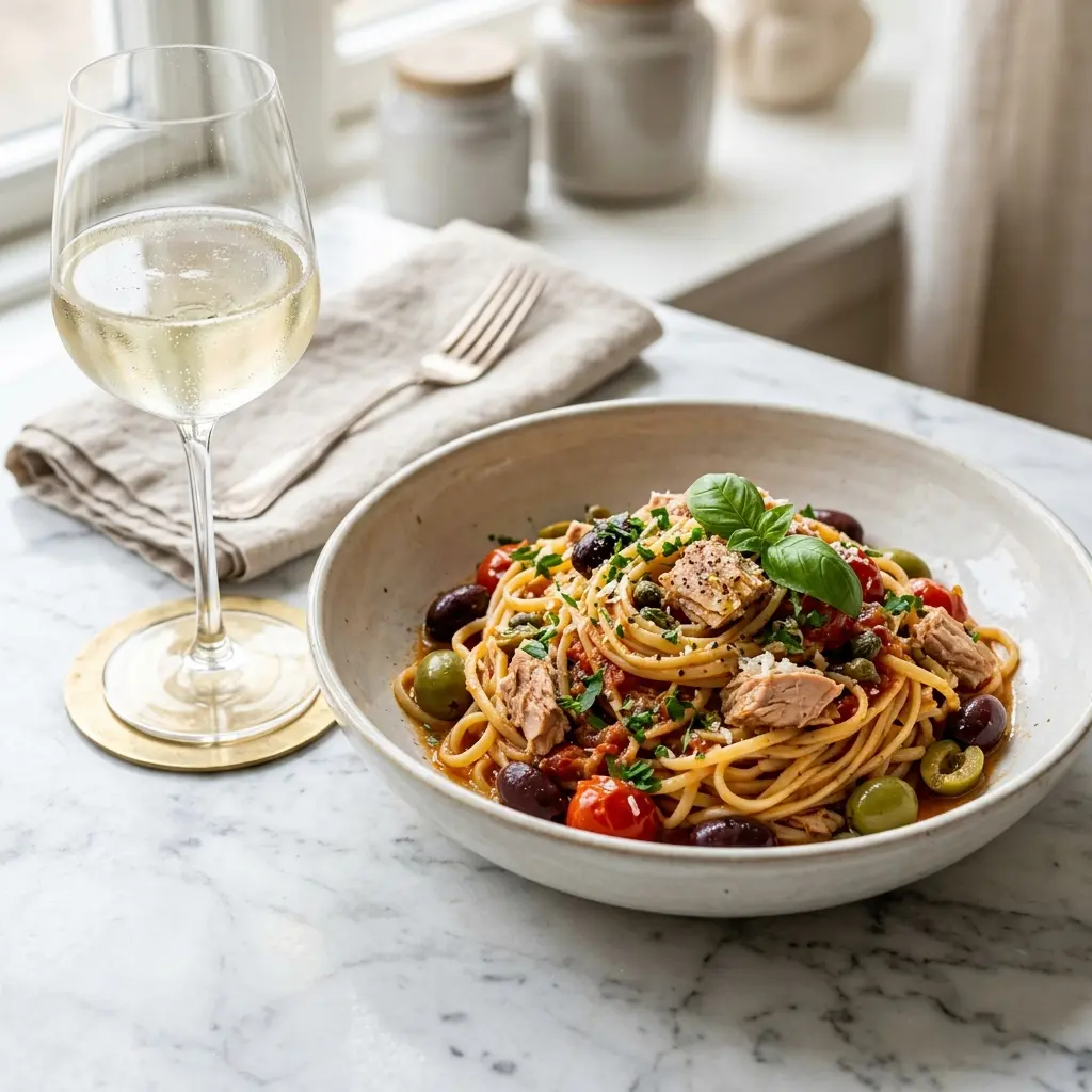 Pasta med tunfisk og oliven servert ferdig som hjemmelaget rett