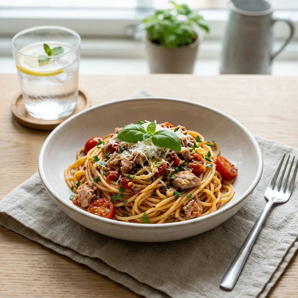 Pasta med tunfisk og tomat servert ferdig som hjemmelaget rett