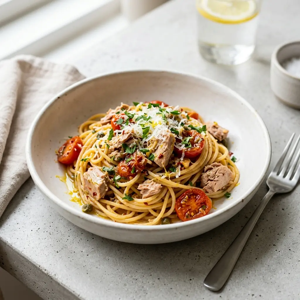 Pasta med tunfisk servert ferdig som hjemmelaget rett