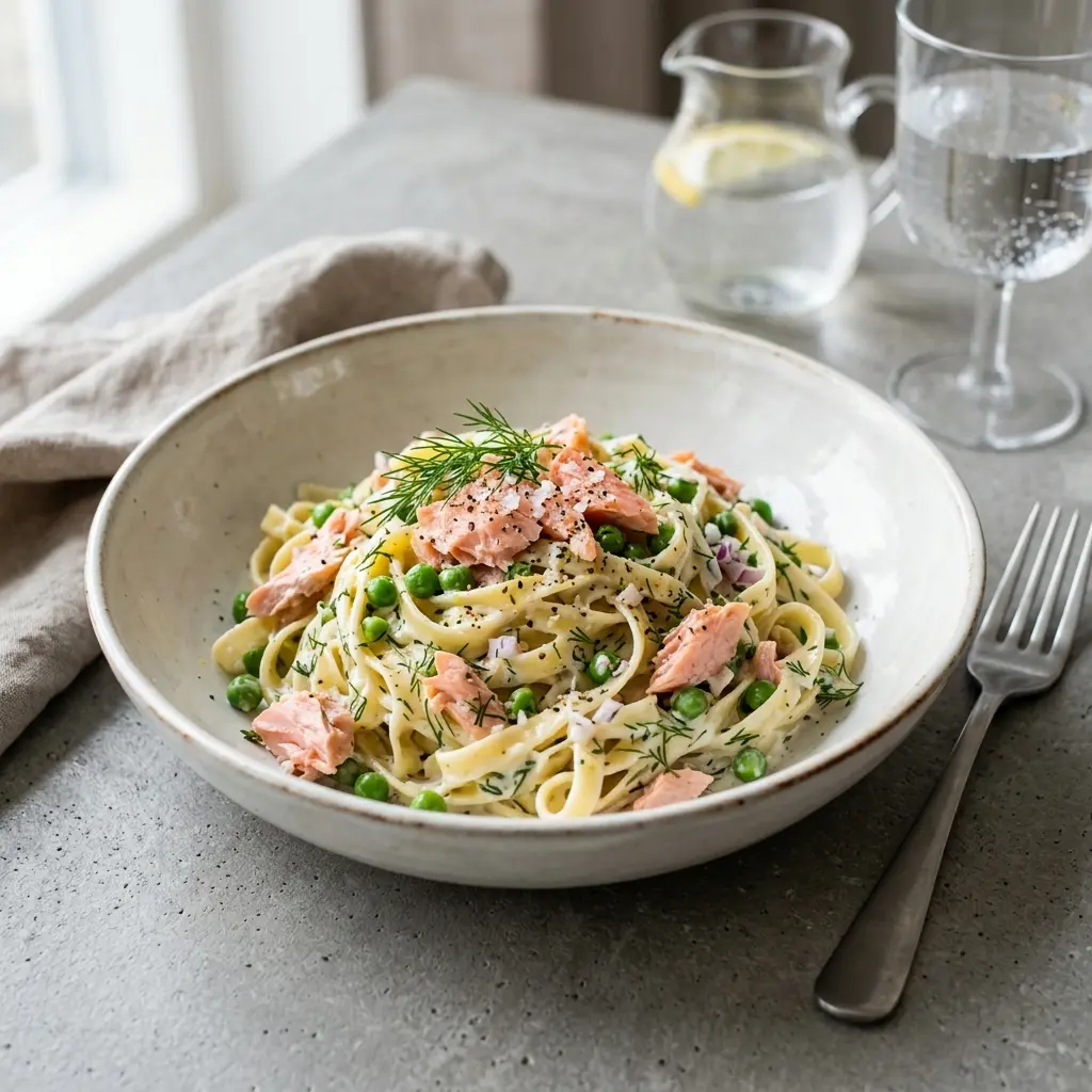 Nylaget pasta med varmrøkt laks servert på en appetittlig og hjemmelaget måte