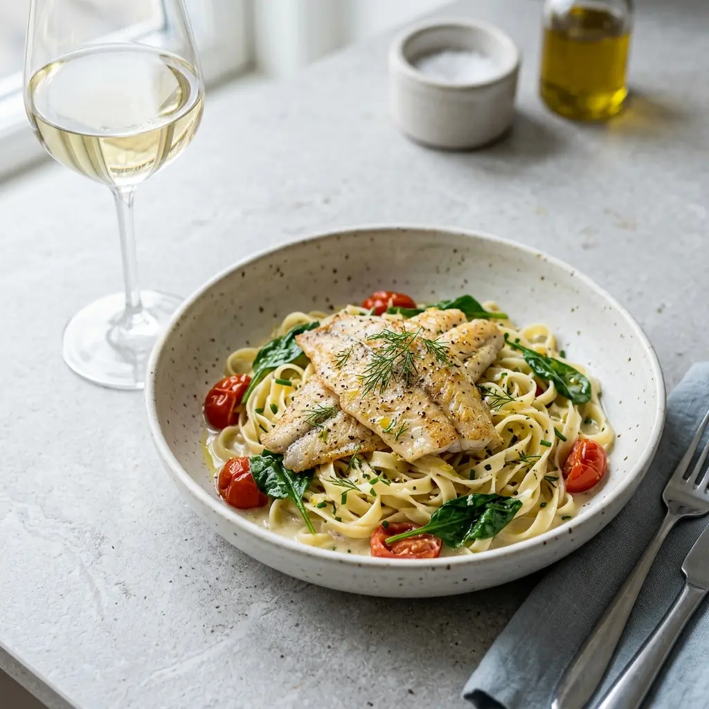 Nylaget pastarett med rødspette servert på en appetittlig og hjemmelaget måte