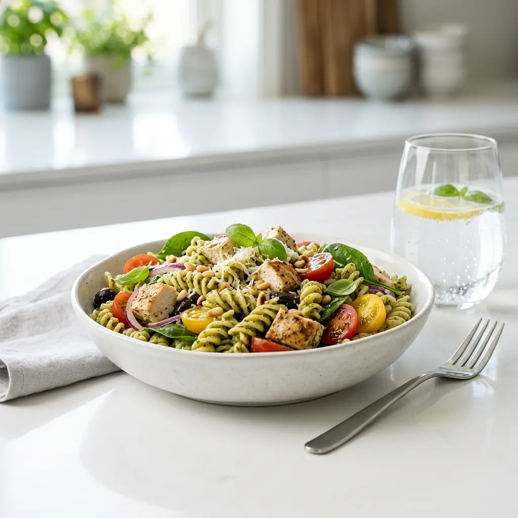 Pastasalat med kylling og pesto servert som frisk salat