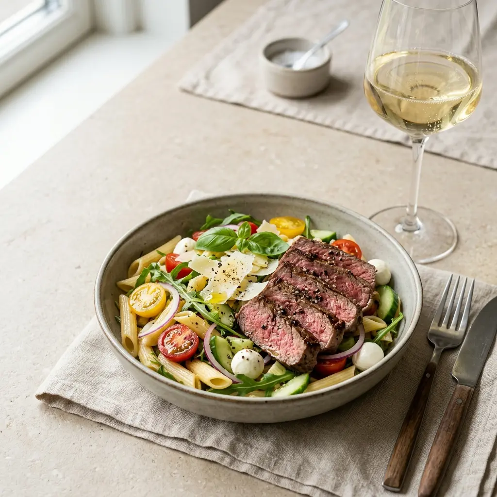 En frisk porsjon pastasalat med steak med ferske råvarer og fin servering