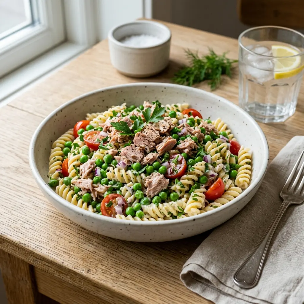 Pastasalat med tunfisk og erter servert som frisk salat