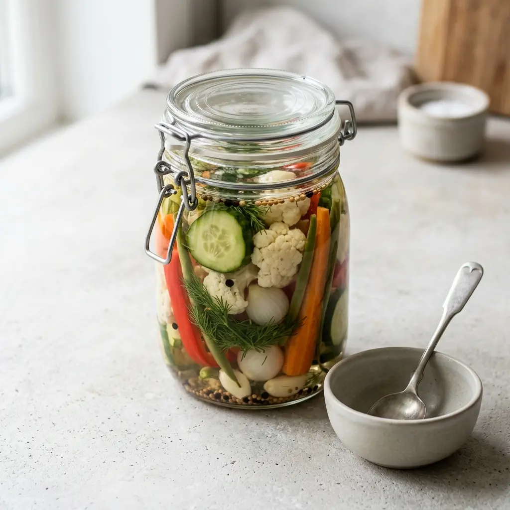 Nylaget pickles servert på en appetittlig og hjemmelaget måte