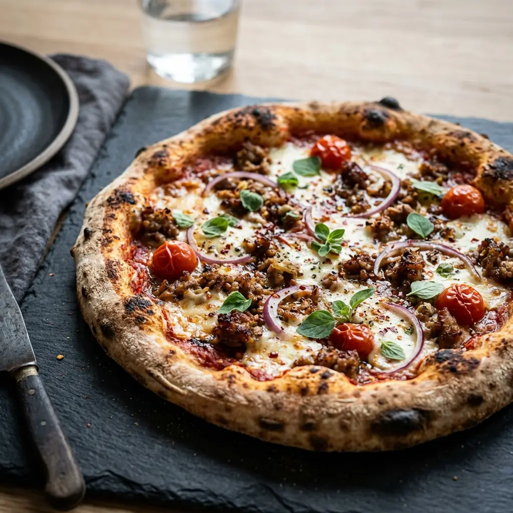 Nylaget pizza med kjøttdeig av svin servert på en appetittlig og hjemmelaget måte