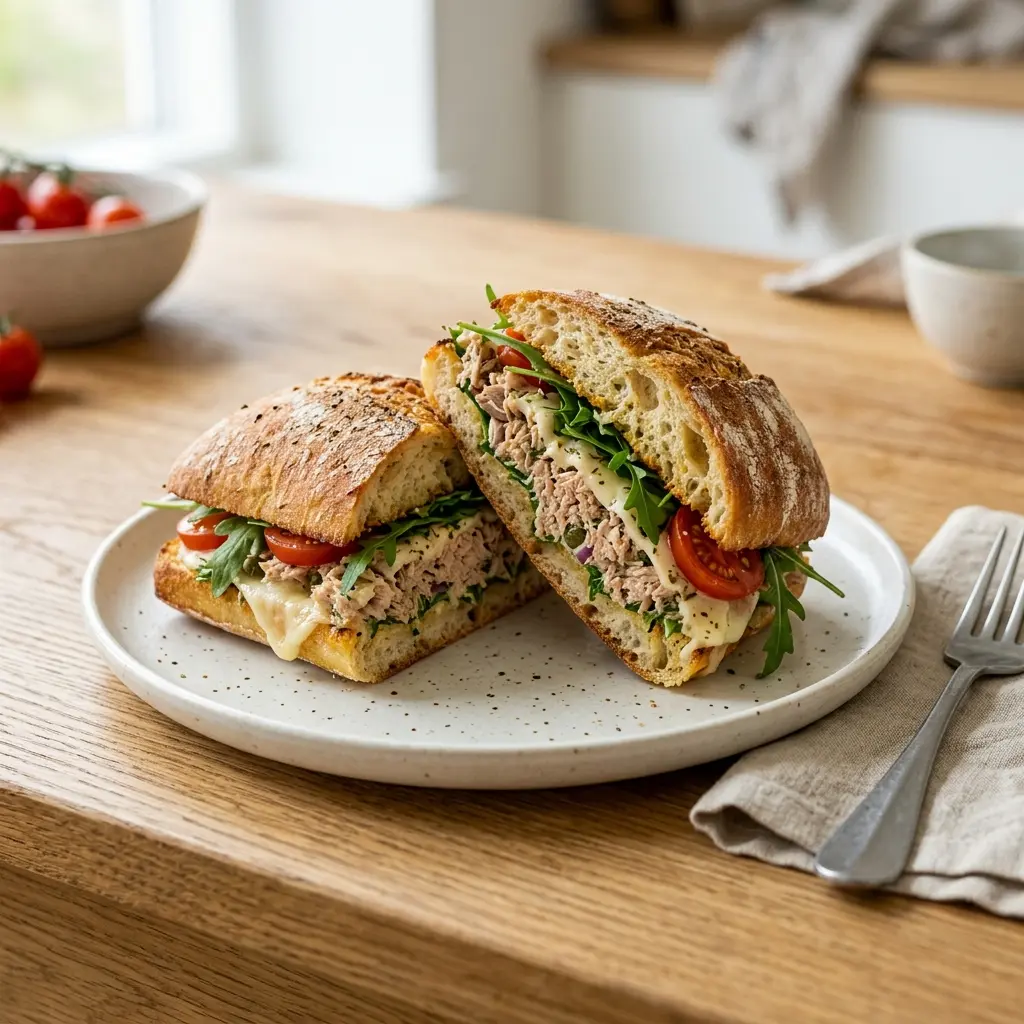 Pizzasandwich med tunfisk servert ferdig som hjemmelaget rett