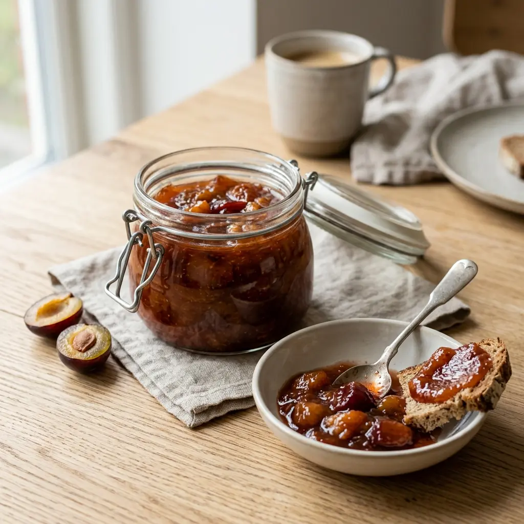 En skål med plommesyltetøy klar til servering som smakfullt tilbehør