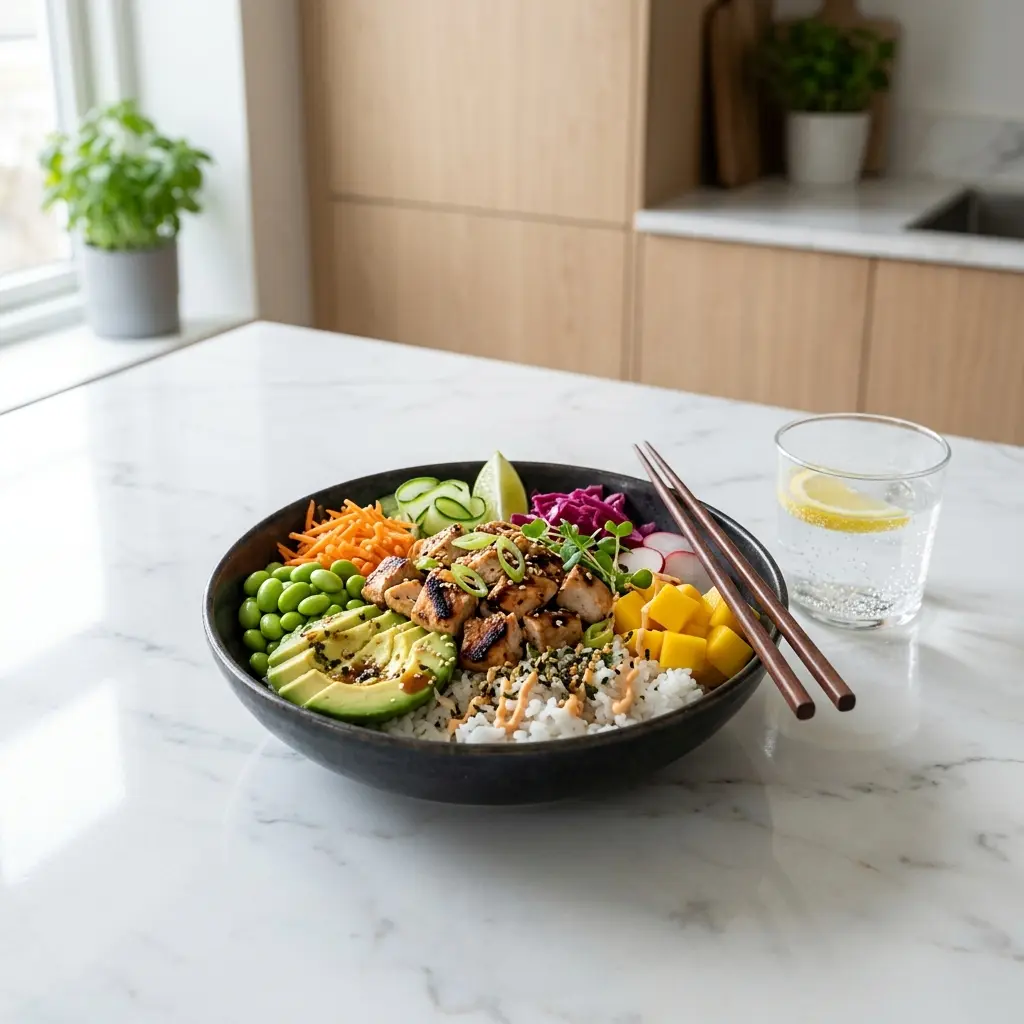Nylaget poké bowl med kylling servert på en appetittlig og hjemmelaget måte
