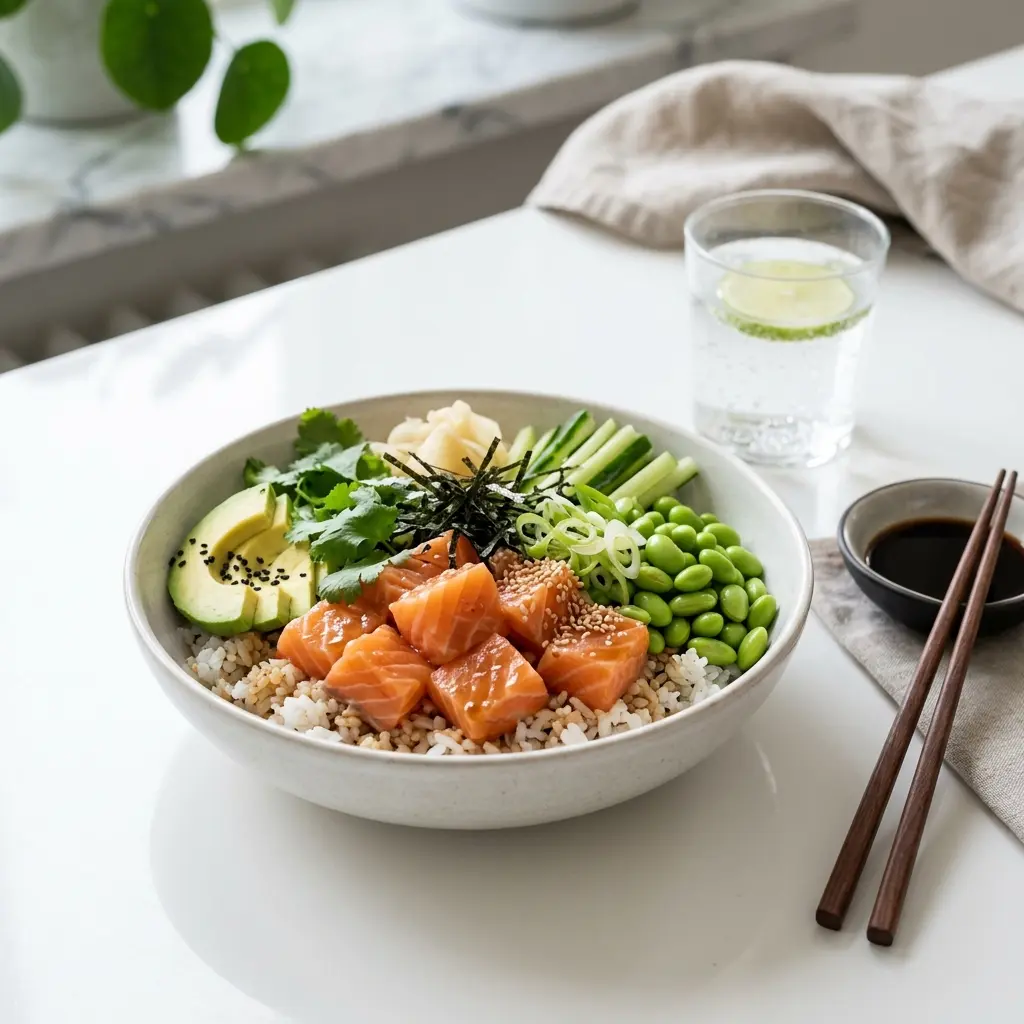 Nylaget poké bowl med laks servert på en appetittlig og hjemmelaget måte