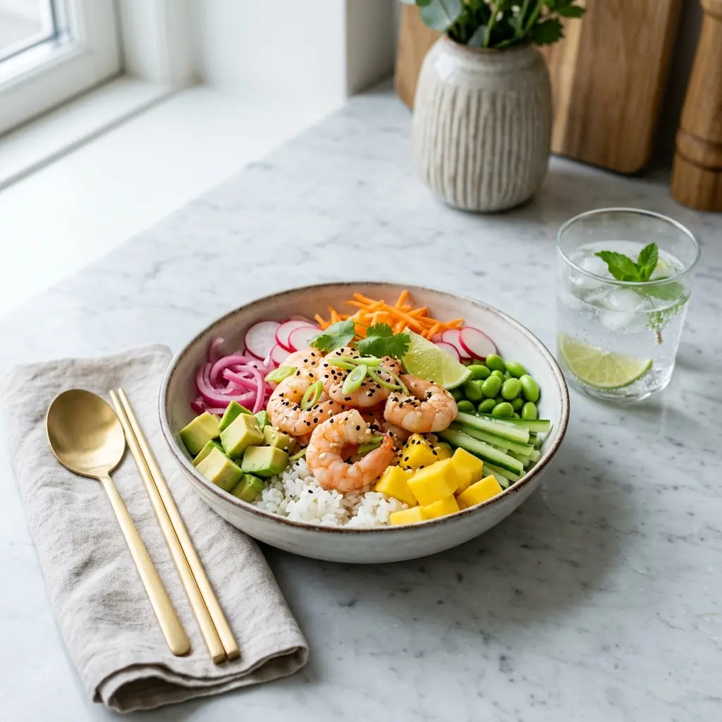 Nylaget poké bowl med reker servert på en appetittlig og hjemmelaget måte