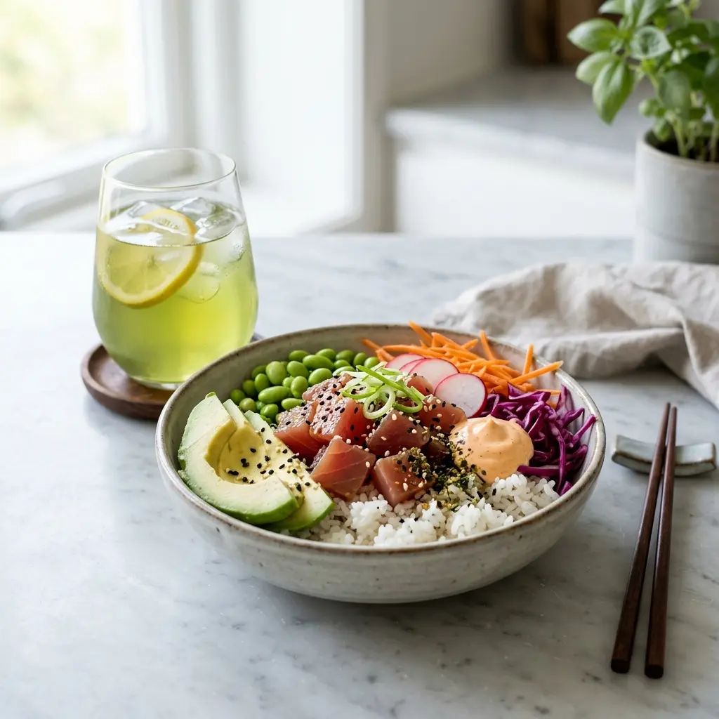 Poké bowl med tunfisk servert ferdig som hjemmelaget rett