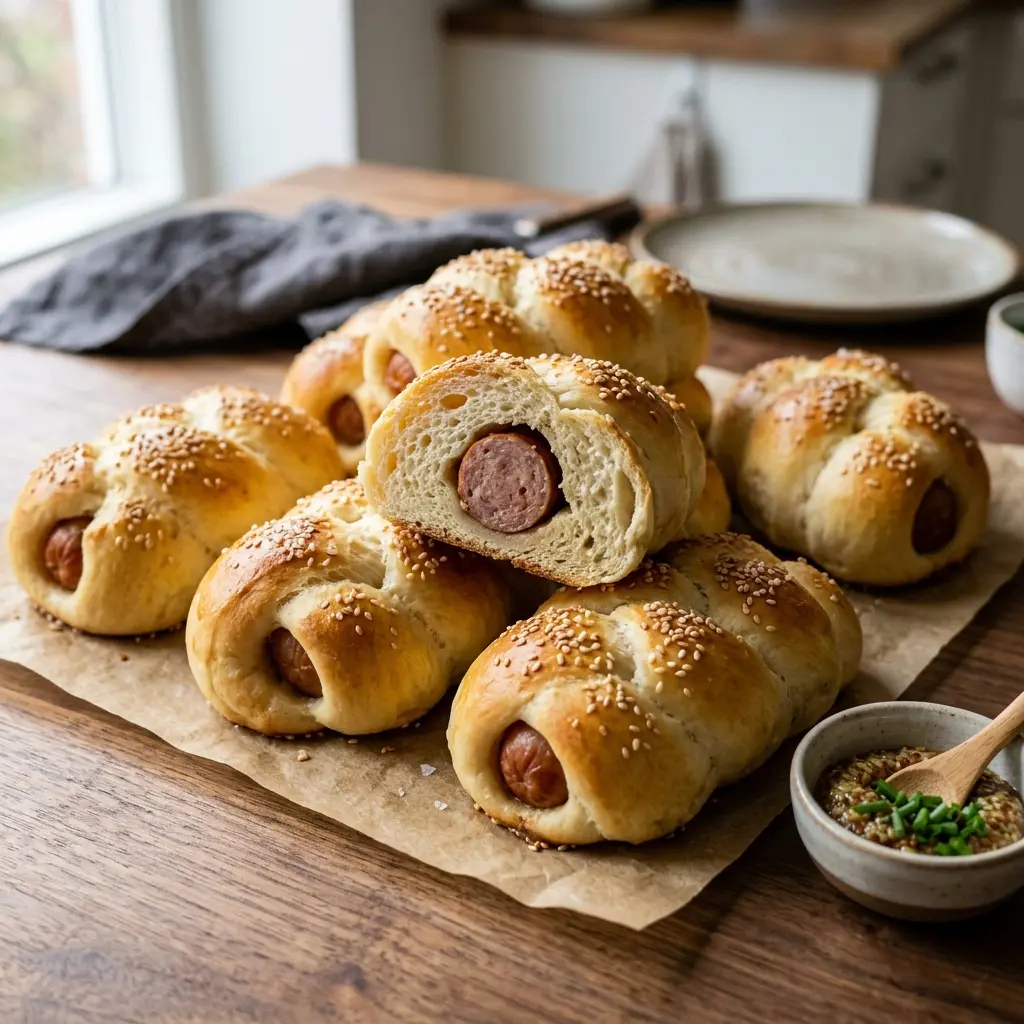 Nylaget pølsehorn servert på en appetittlig og hjemmelaget måte