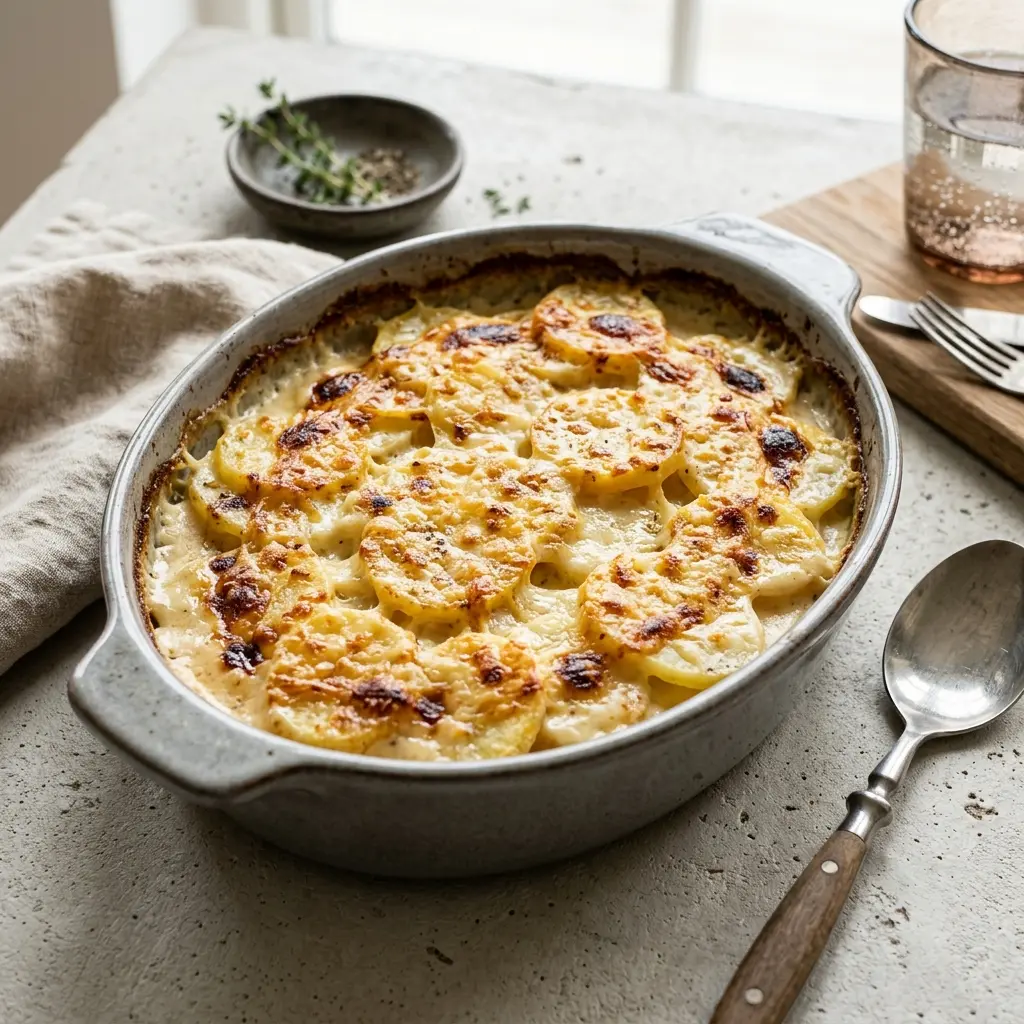 Pommes Dauphinoise servert ferdig som hjemmelaget rett