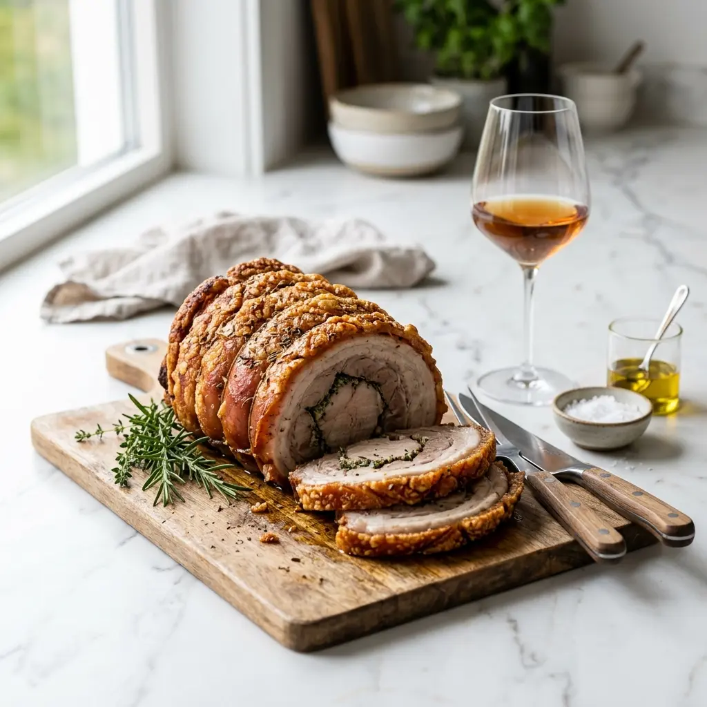 Nylaget porchetta i ovn servert på en appetittlig og hjemmelaget måte