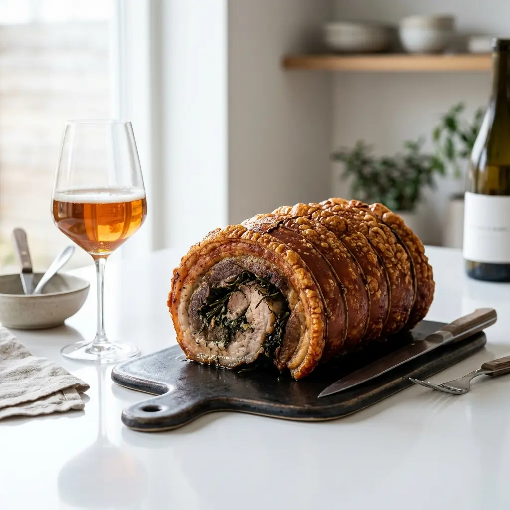Nylaget porchetta på grill servert på en appetittlig og hjemmelaget måte
