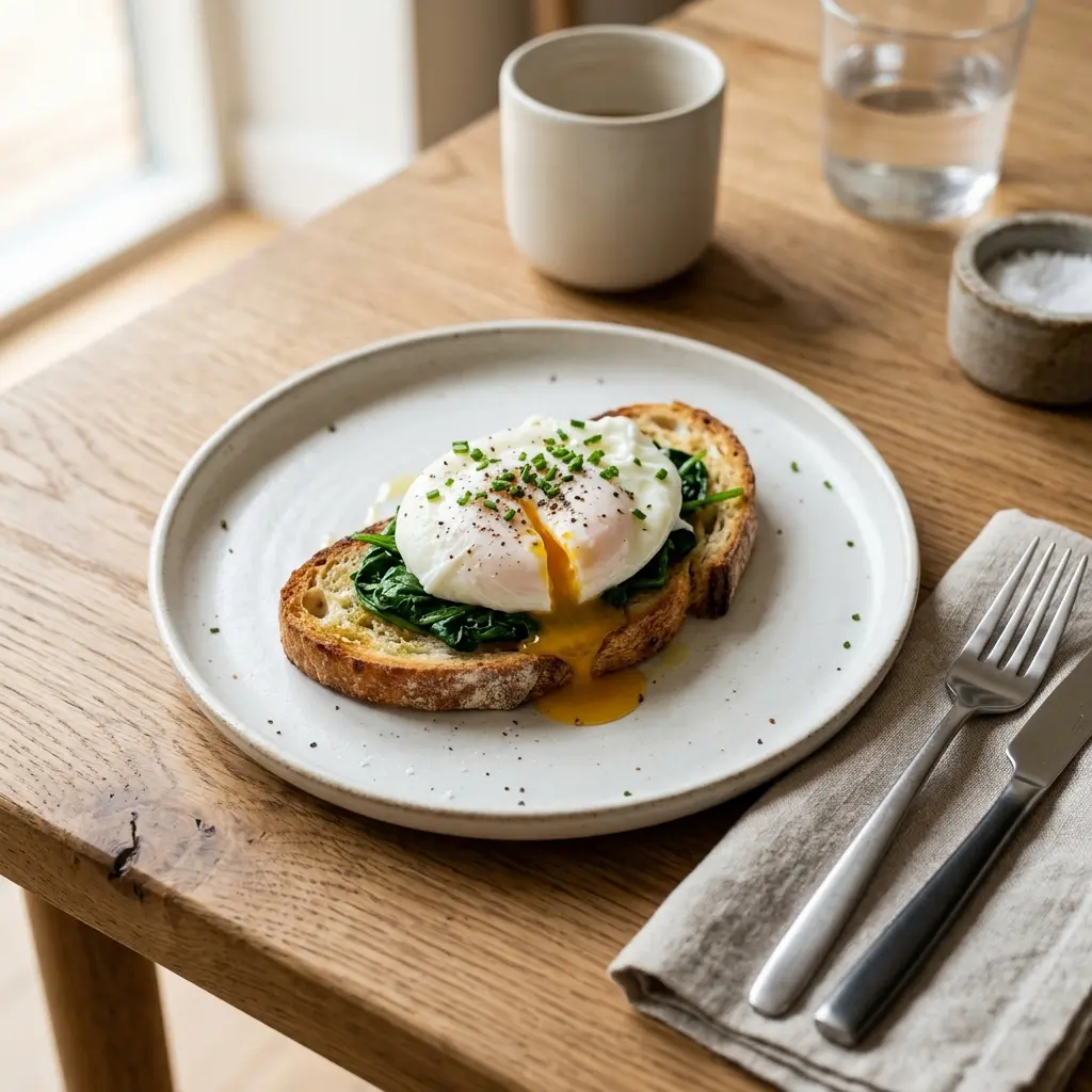 Nylaget posjert egg servert på en appetittlig og hjemmelaget måte