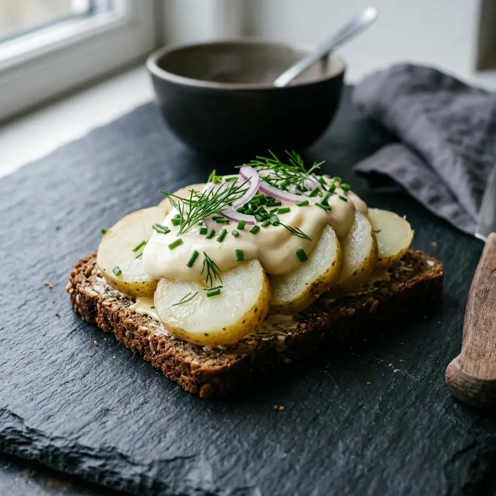 En skål med potetmat med majones klar til servering som smakfullt tilbehør