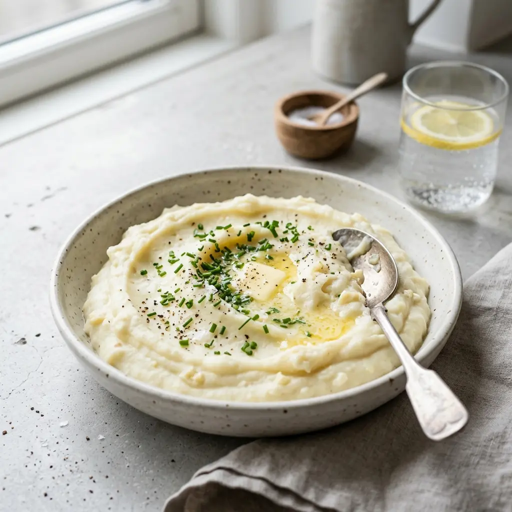 Nylaget potetmos med hvitløk servert på en appetittlig og hjemmelaget måte