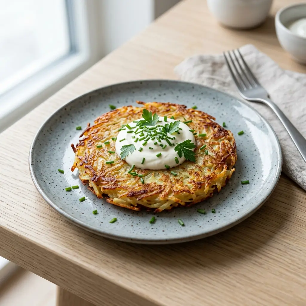 Nylaget potetrøsti servert på en appetittlig og hjemmelaget måte