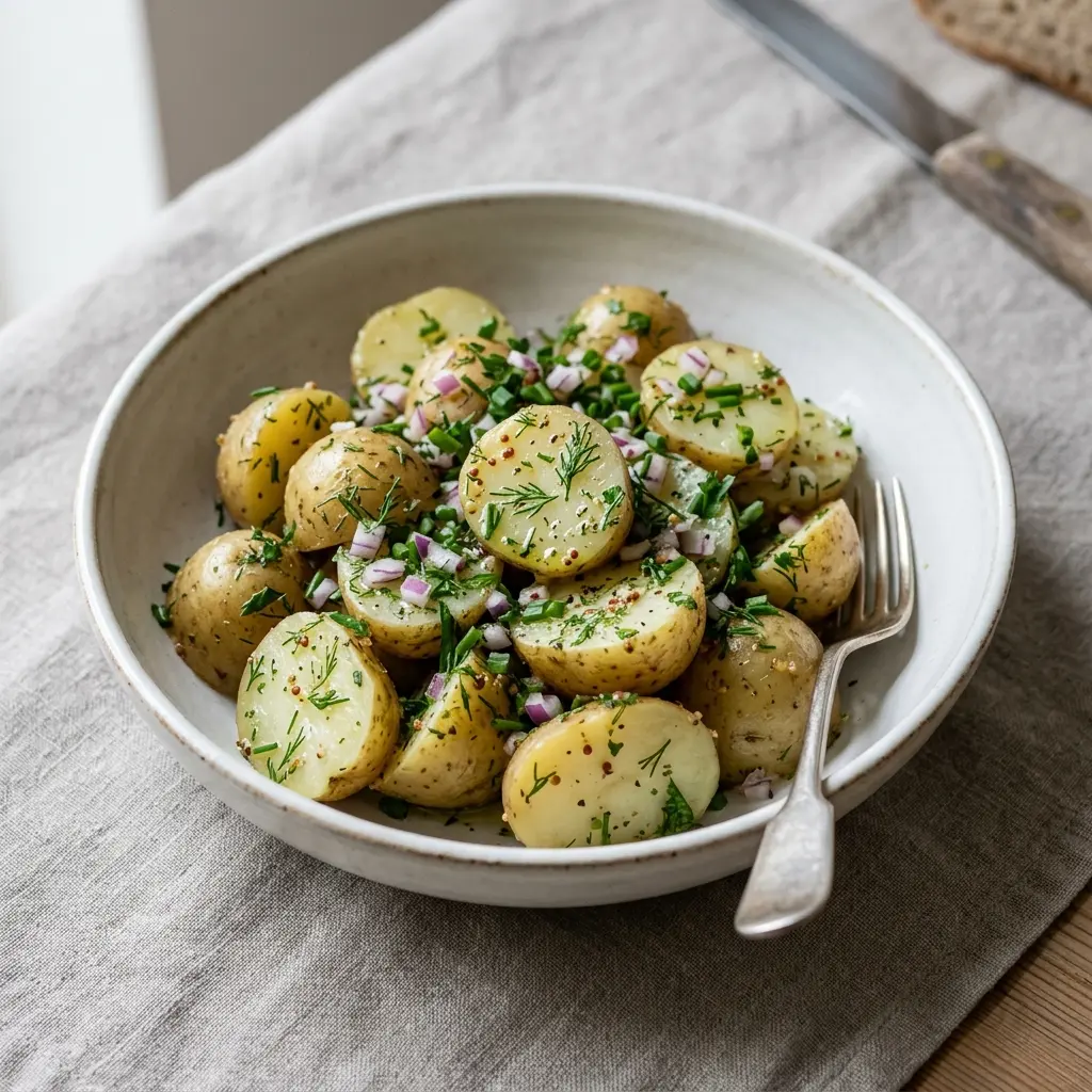En skål med potetsalat med vinaigrette klar til servering som smakfullt tilbehør