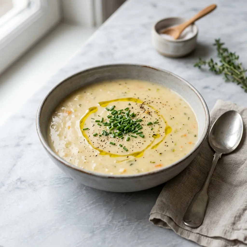 En varm porsjon potetsuppe servert på en innbydende måte