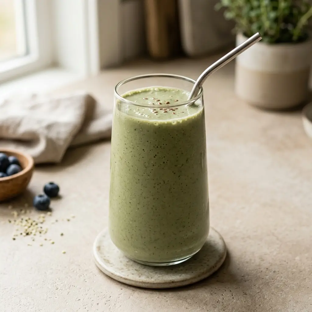 Et glass proteinsmoothie servert kaldt og friskt med enkel pynt