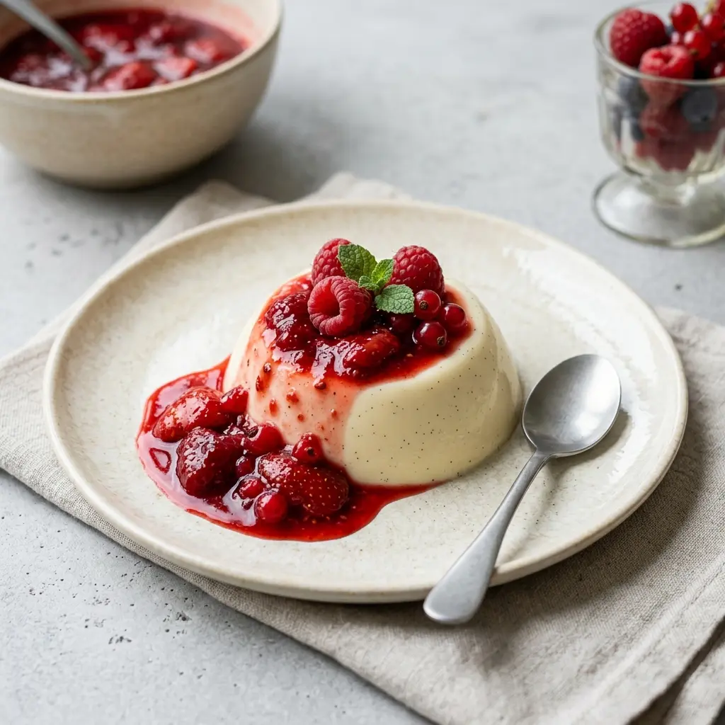 En skål med pudding med fruktsaus klar til servering som smakfullt tilbehør