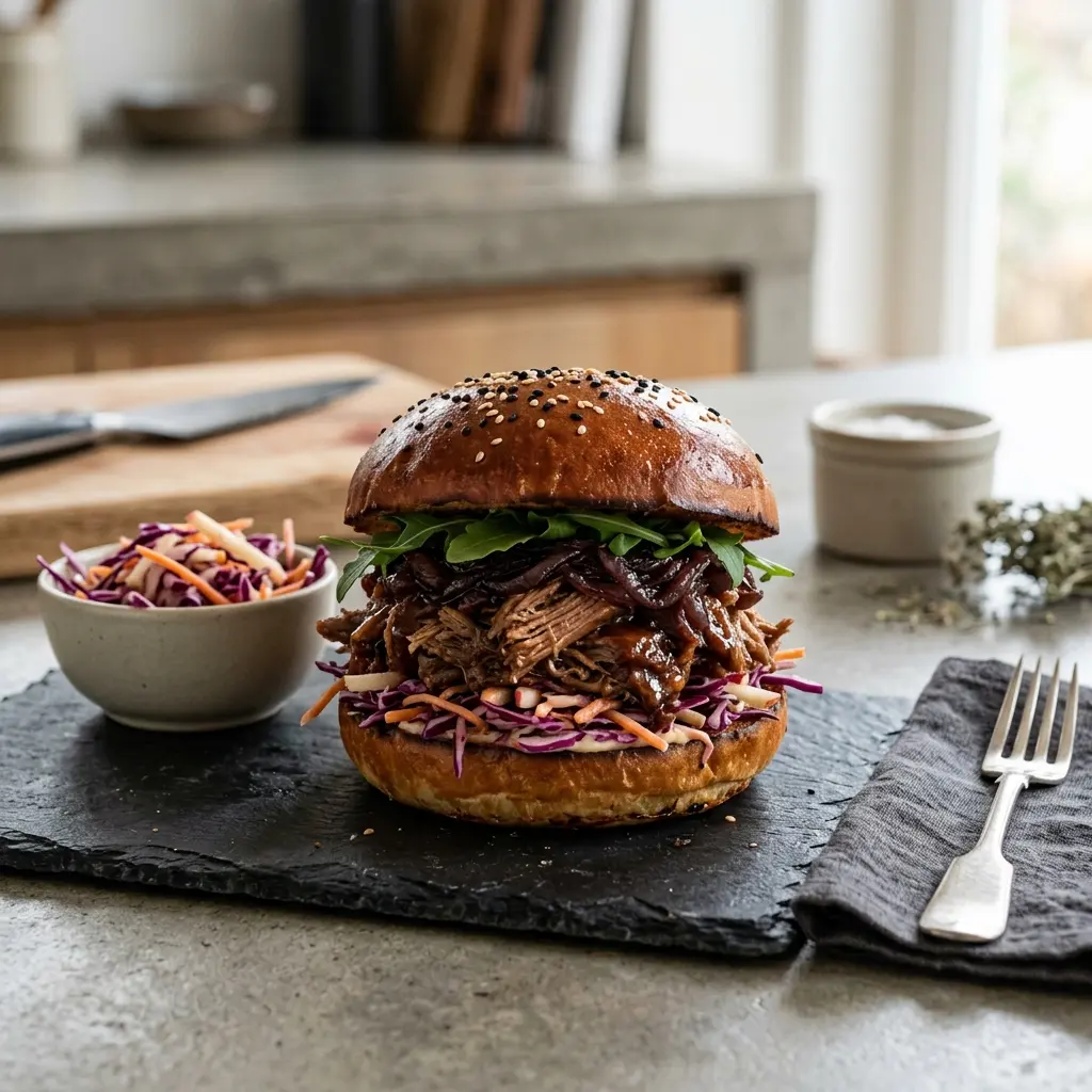 Nylaget pulled duck burger servert på en appetittlig og hjemmelaget måte