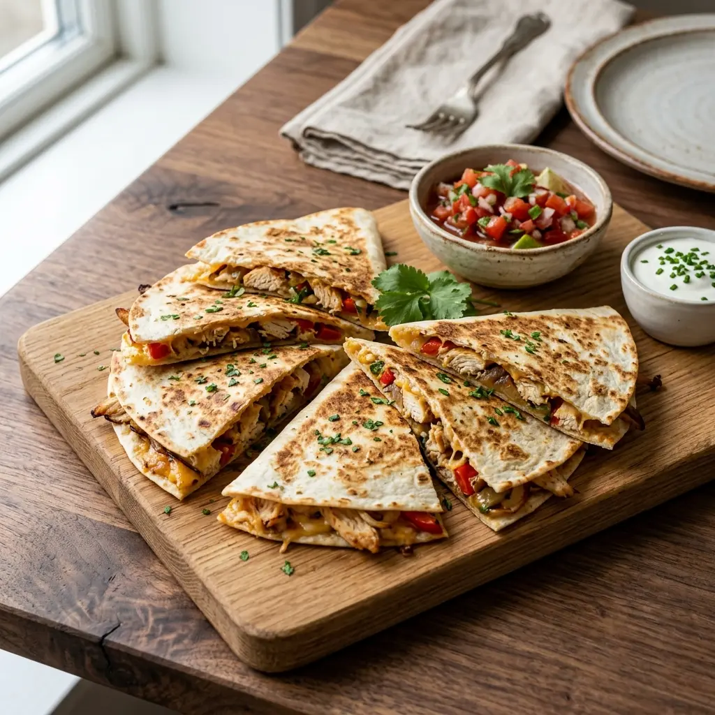 Nylaget quesadillas med kylling servert på en appetittlig og hjemmelaget måte