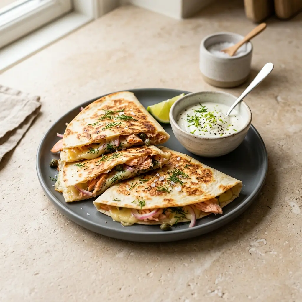 Nylaget quesadillas med laks servert på en appetittlig og hjemmelaget måte