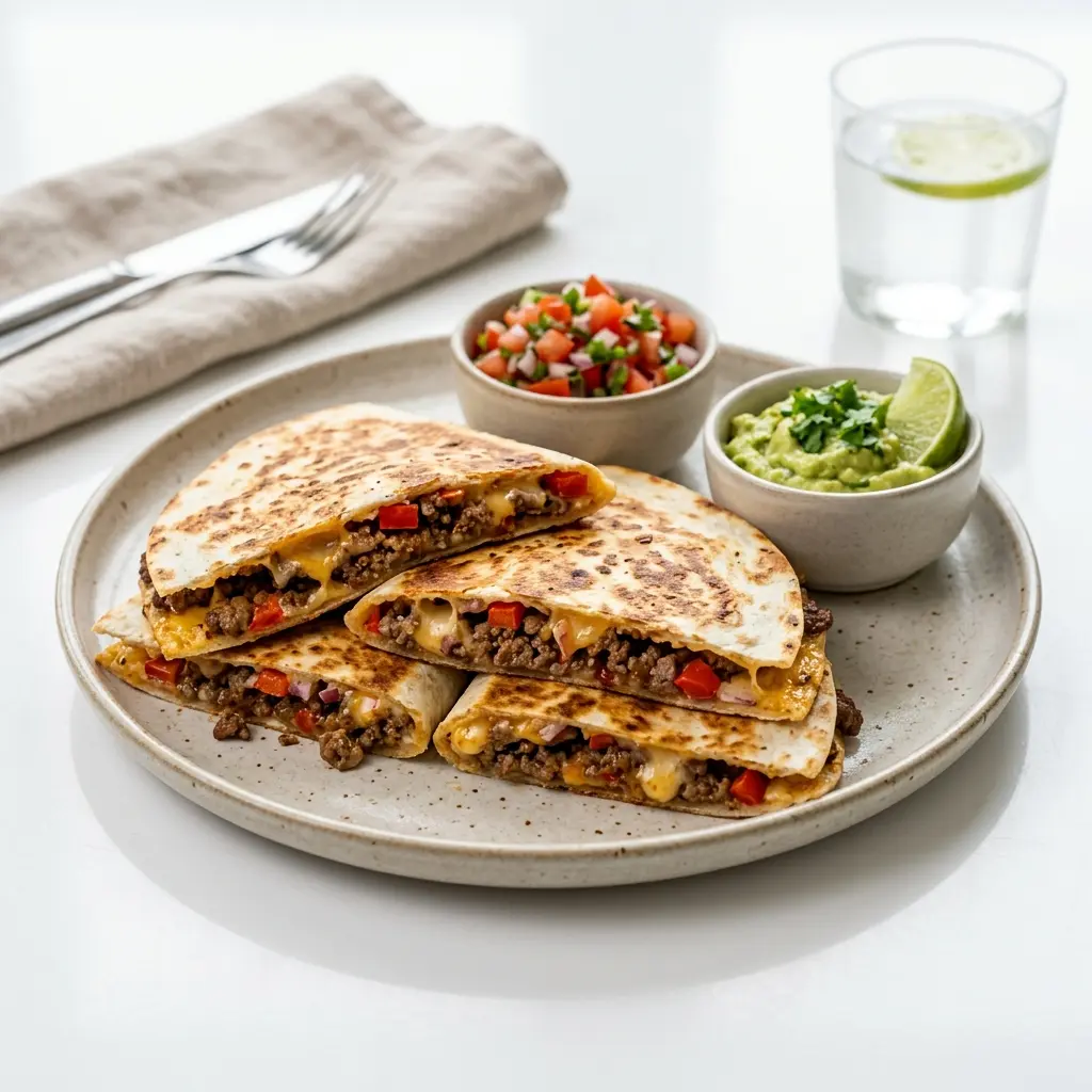Nylaget quesadillas med storfekjøtt servert på en appetittlig og hjemmelaget måte